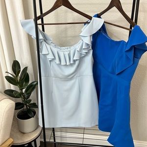 Set of Two- Blue Ruffle Off the Shoulder Fitted Mini Dresses - BCBG & French C